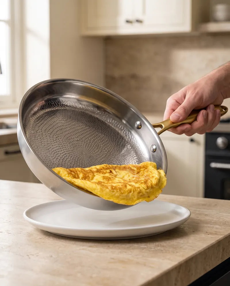 Une omelette qui glisse proprement de la poêle en titane vers une assiette blanche