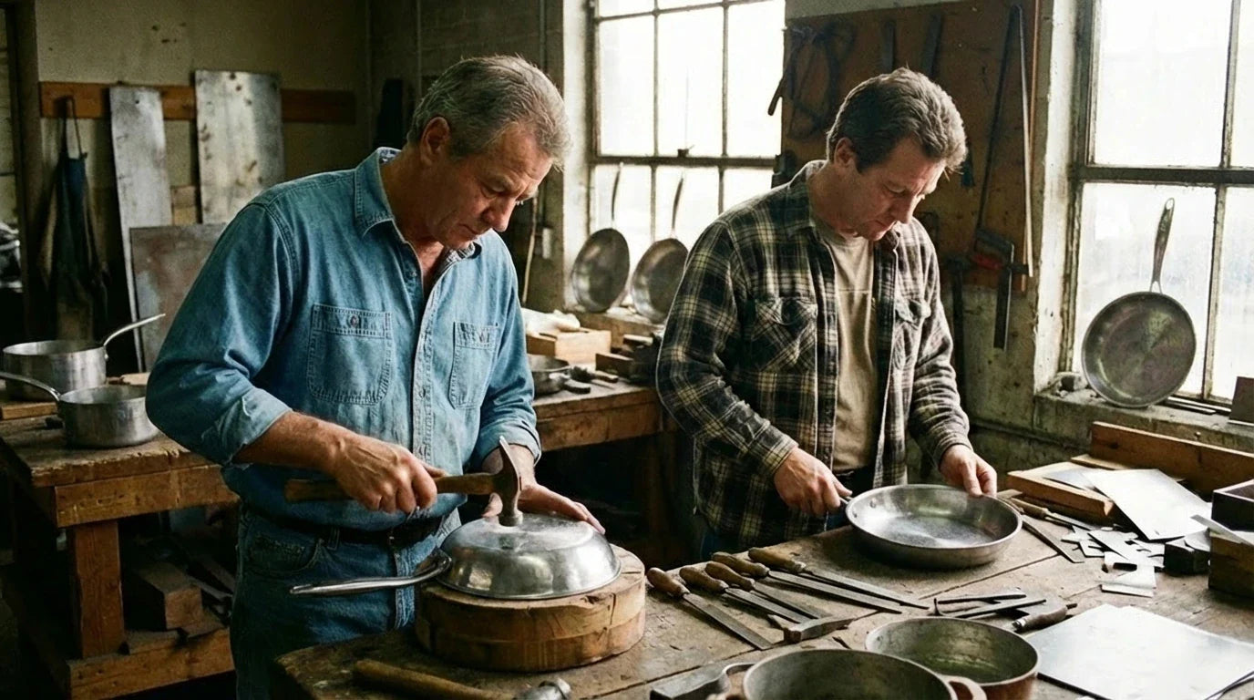 Paul und Marc arbeiten in ihrer Werkstatt, in der jede Pfanne sorgfältig gefertigt wird.