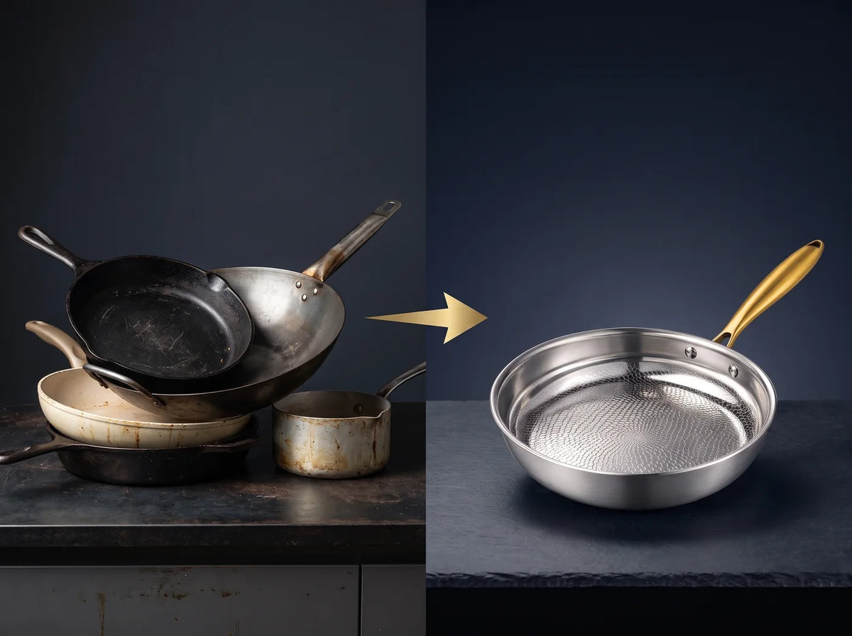 A pile of mismatched old pans next to one Titanium Pan